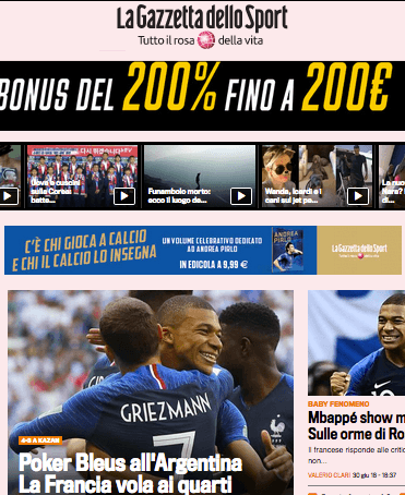 Diario La Gazzetta dello Sport (Italia). "Un póker contra Argentina le da el paso a Francia a cuartos"