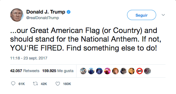 "...a nuestra gran bandera americana (o país) y debe pararse para el himno nacional. Si no, usted debe ser despedido. ¡Encuentre algo más que hacer!"