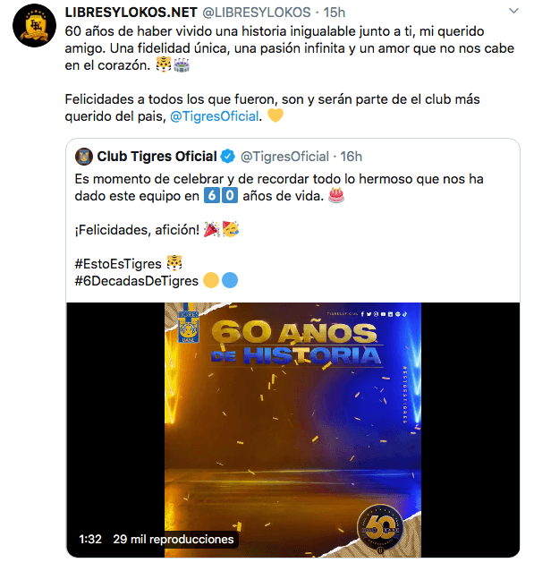Equipos como Arsenal, Olympique y sus adversarios del futbol mexicano conmemoran y felicitan a los Tigres tras su fundación en 1960.