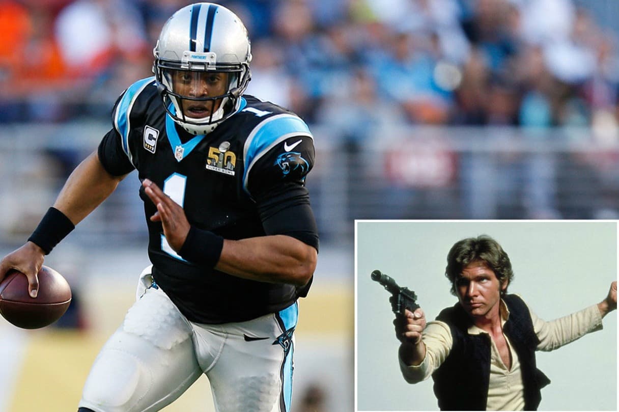Cam Newton como Han Solo: Su actitud despreocupada, descaro y “lo haré a mi manera”, encaja perfectamente en el personaje de Han Solo.