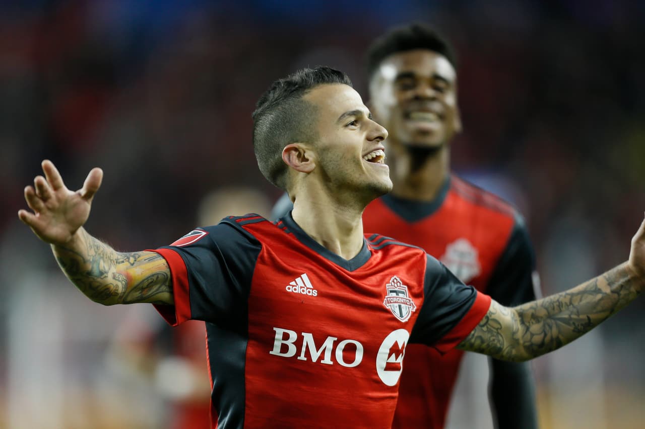 Apr 21, 2017; Toronto, Ontario, CAN; Toronto FC forward Sebastian Giovinco (10) celebrates his goal against the Chicago Fire during the first half at BMO Field. Mandatory Credit: John E. Sokolowski-USA TODAY Sports