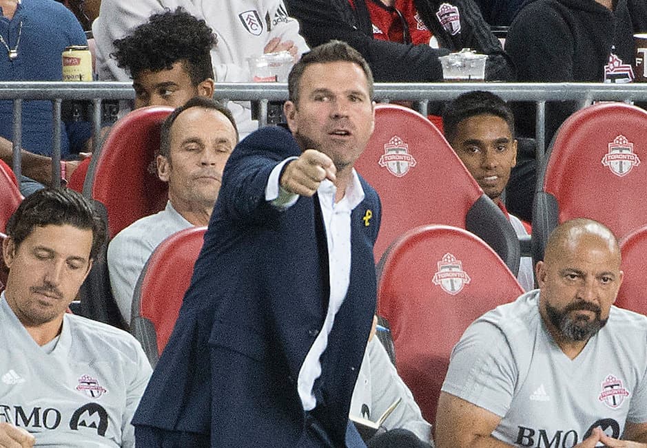 Sep 19, 2018; Toronto, Ontario, USA; Toronto FC head coach Greg Vanney talks to his team during the first half in the Campeones Cup against UANL Tigres at BMO Field. Mandatory Credit: Nick Turchiaro-USA TODAY Sports