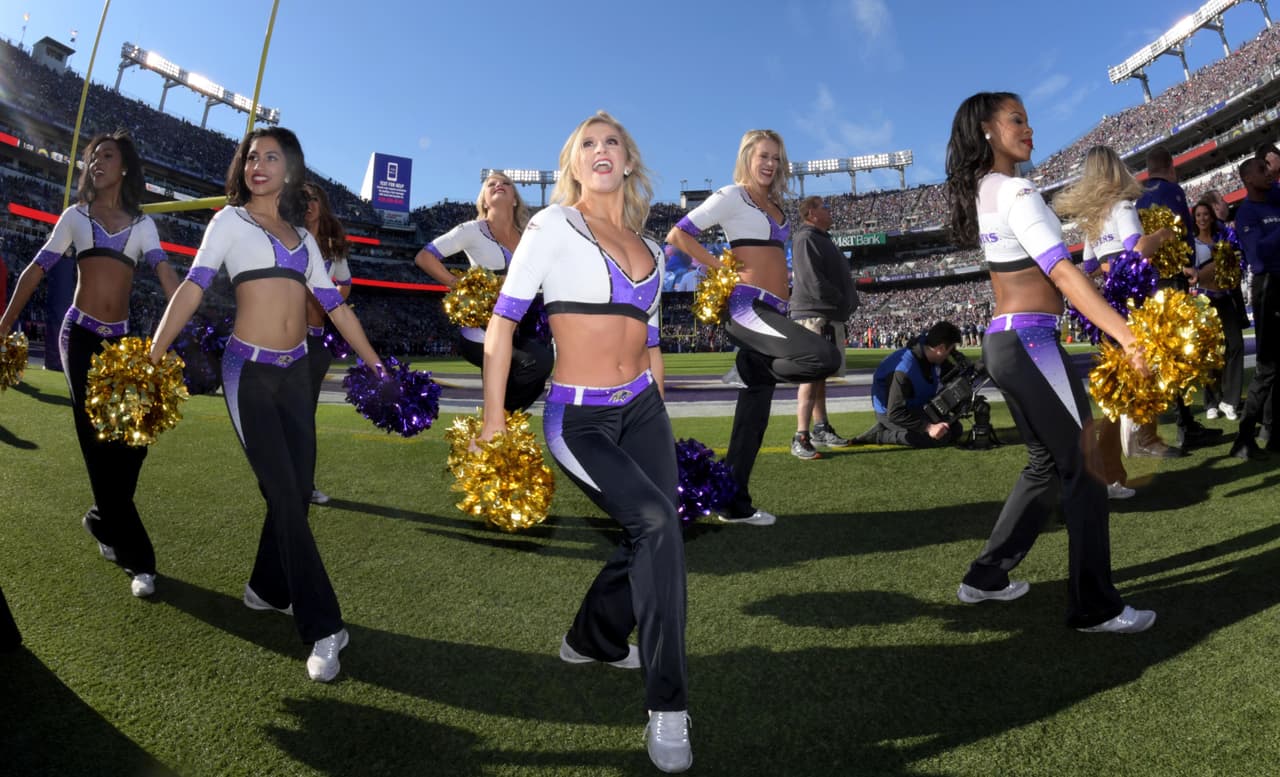 Jan 6, 2019; Baltimore, MD, USA; Baltimore Ravens cheerleader performs against the Los Angeles Chargers during an AFC Wild Card playoff football game at M&T Bank Stadium. Mandatory Credit: Kirby Lee-USA TODAY Sports