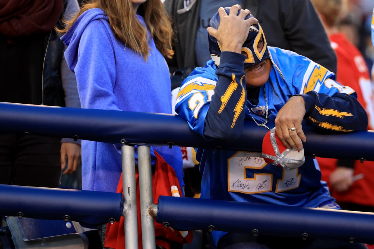 SAN DIEGO, CA - JANUARY 01: Renan Rocky Pozo reacts to the San Diego Chargers losing to the Kansas City Chiefs 37-27 in a game at Qualcomm Stadium on January 1, 2017 in San Diego, California. (Photo by Sean M. Haffey/Getty Images)