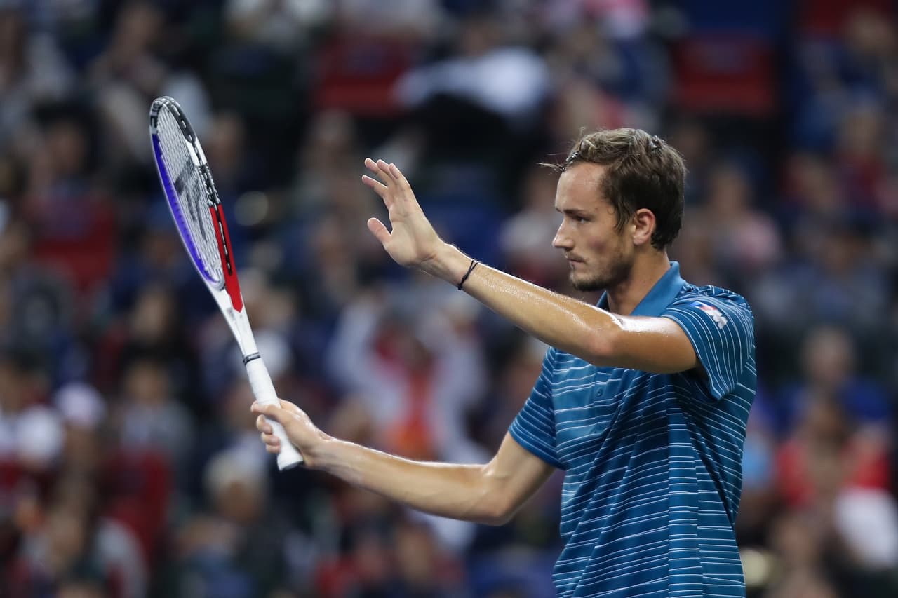 SHANGHAI, CHINA - OCTOBER 13: Daniil Medvedev of Russia reacts during the Men's Singles final match against Alexander Zverev of Germany on day nine of 2019 Shanghai Rolex Masters at Qi Zhong Tennis Centre on October 13, 2019 in Shanghai, China. (Photo by Lintao Zhang/Getty Images)