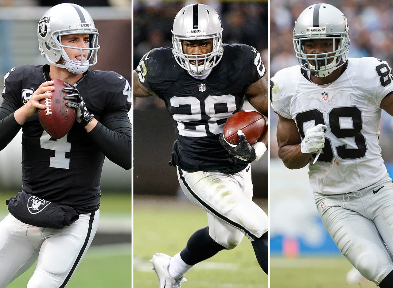<b>17) OAKLAND RAIDERS: QB Derek Carr – RB Latavius Murray – WR Amari Cooper</b>
<br>Derek Carr está listo para las grandes hazañas, en 2015 llegó a 32 pases de touchdown y 13 intercepciones. Murray tendrá el peso del ataque terrestre, el año pasado corrió para ganar 1,066 yardas con 6 touchdowns. Por su parte Cooper es el receptor súper estrella, también rebasó las 1,000 yardas (1,070). Es una tripleta que merece atención.