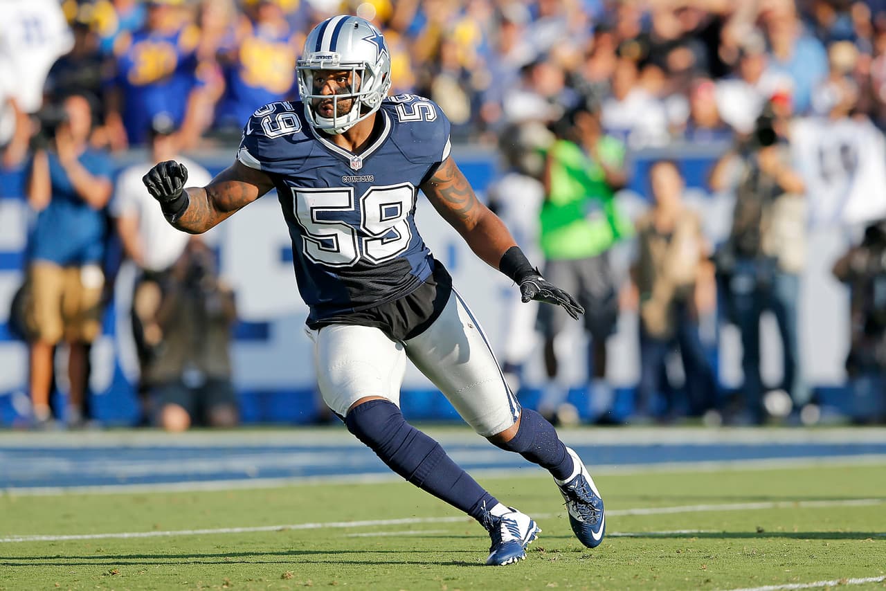 Dallas Cowboys linebacker Anthony Hitchens (59) reacts during an NFL preseason football game against the Los Angeles Rams, Saturday, Aug. 12, 2017 in Los Angeles. The Rams defeated the Cowboys, 13-10. (James D. Smith via AP)