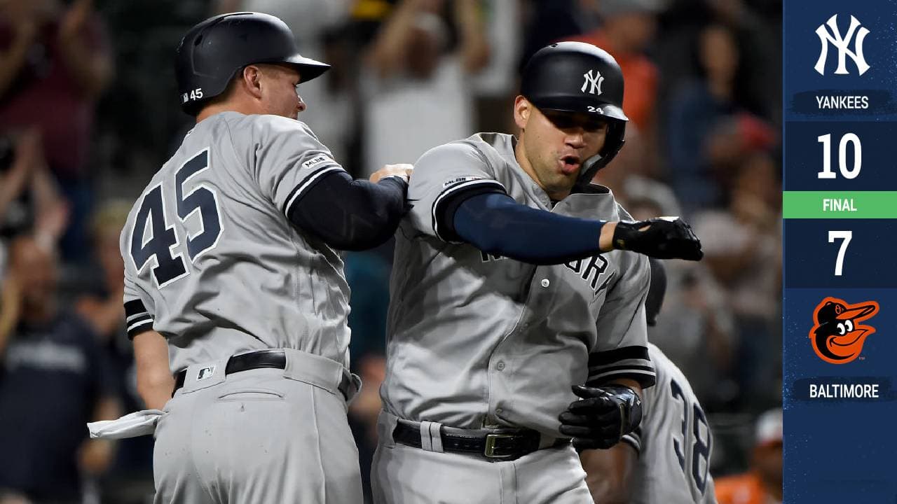 <b>Gary Sánchez</b> bateó un jonrón de tres carreras en el noveno inning para coronar un ataque en que los
<a href="https://www.univision.com/temas/new-york-yankees" target="_blank">Yankees</a> aprovecharon varios errores de Baltimore, y New York derrotó la noche del lunes por pizarra de 10-7 a los Orioles.