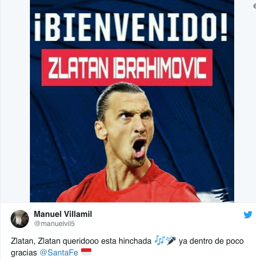 En redes sociales surgió el rumor de la llegada del sueco Zlatan Ibrahimovic del LA Galaxy de la MLS a Independiente Santa Fe en el fútbol colombiano, lo que generó hilarantes reacciones entre los usuarios.