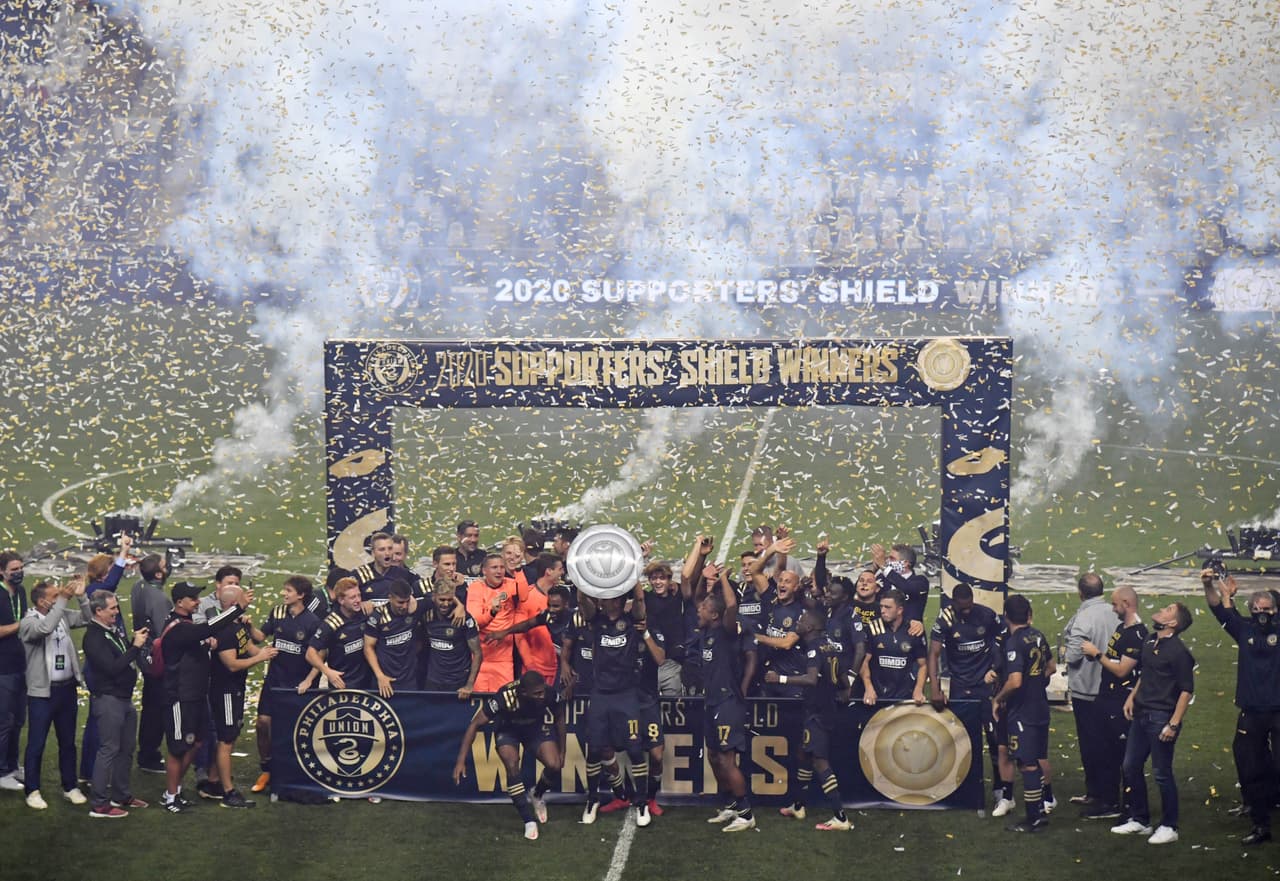 Nov 8, 2020; Chester, Pennsylvania, USA; Philadelphia Union celebrate winning the Supporters' Shield after defeating the New England Revolution at Subaru Park. Mandatory Credit: Eric Hartline-USA TODAY Sports