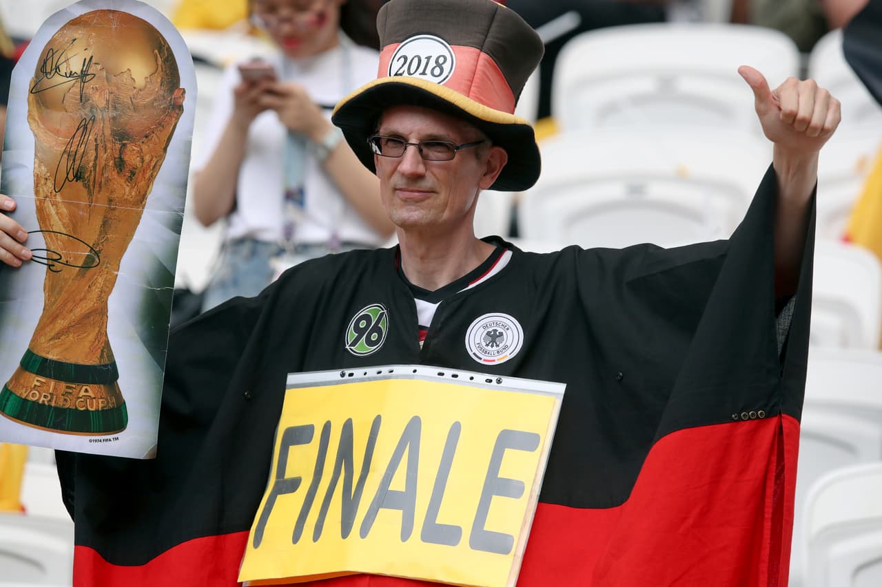 A Germany fan waits for the start of the group F match between South Korea and Germany, at the 2018 soccer World Cup in the Kazan Arena in Kazan, Russia, Wednesday, June 27, 2018. (AP Photo/Thanassis Stavrakis)