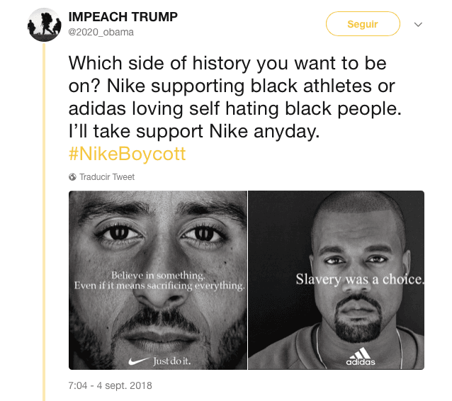"¿En qué lugar de la historia quieres estar? Nike apoyando a los atletas negros o Adidas promoviendo el odio a uno mismo? Yo me voy con Nike cualquier día".