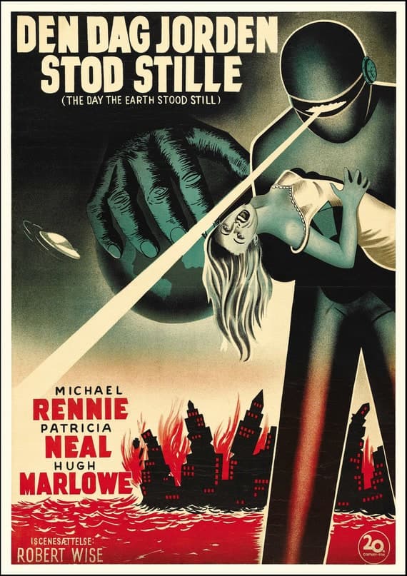 The Day the Earth Stood Still (1951) - Una nave extraterrestre llega a la tierra con la misión de entregar a los hombres un importante mensaje. El mundo entero queda conmocionado el día en que, sin previo aviso, un platillo aterriza en Washington y de él sale Klaatu, un alienígena de aspecto humano acompañado de Gort, un amenazante robot.
<br>