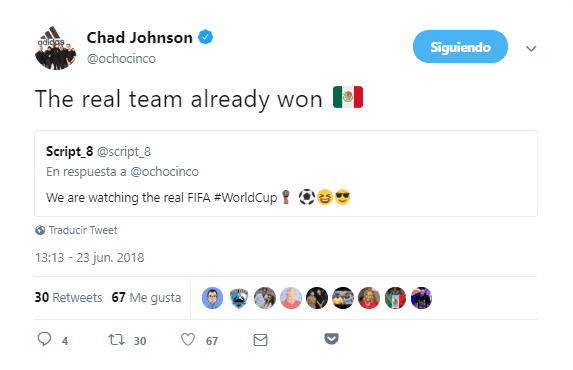 El famoso Chad 'Ochocinco' feliz por la victoria de México (El verdadero equipo ya ganó) publicó en Twitter, donde le respondieron 'Chad, hermano, ya eres mexicano'.