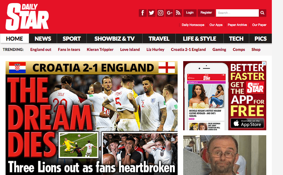 The Daily Star tituló con un contundente "El sueño murió", luego de la derrota y eliminación en semifinal contra Croacia en el Mundial de Rusia 2018.