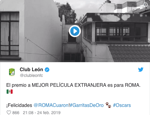 Clubes de la Liga MX, la Selección Mexicana, la Liga Mexicana de Béisbol y hasta el club Roma de Italia enviaron sus felicitaciones al filme Roma y a Alfonso Cuarón por su éxito en los Premios Oscar en 2019.