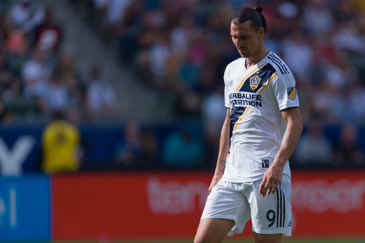 Oct 28, 2018; Carson, CA, USA; Los Angeles Galaxy forward Zlatan Ibrahimovic (9) looks down during the first half against the Houston Dynamo at StubHub Center. Mandatory Credit: Kelvin Kuo-USA TODAY Sports