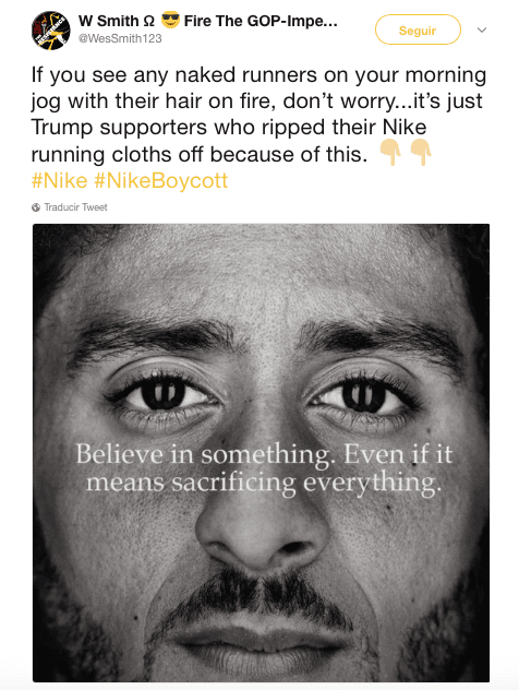 "Si ves a algún corredor desnudo en su trote de la mañana con el pelo en llamas, no te preocupes... es solo un seguidor de Trump que se ha arrancado sus prendas Nike por esto"