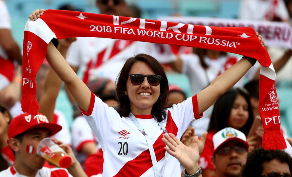 SOCHI, RUSSIA - JUNE 26: Peru fans enjoy the pre match atmosphere prior to the 2018 FIFA World Cup Russia group C match between Australia and Peru at Fisht Stadium on June 26, 2018 in Sochi, Russia. (Photo by Dean Mouhtaropoulos/Getty Images)
