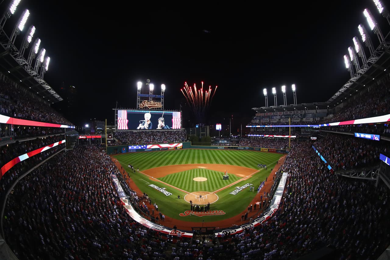 CLEVELAND, OH - NOVEMBER 02: A general view as the Cleveland Indians and Chicago Cubs stand for the national anthem prior to Game Seven of the 2016 World Series at Progressive Field on November 2, 2016 in Cleveland, Ohio. (Photo by Tim Bradbury/Getty Images)