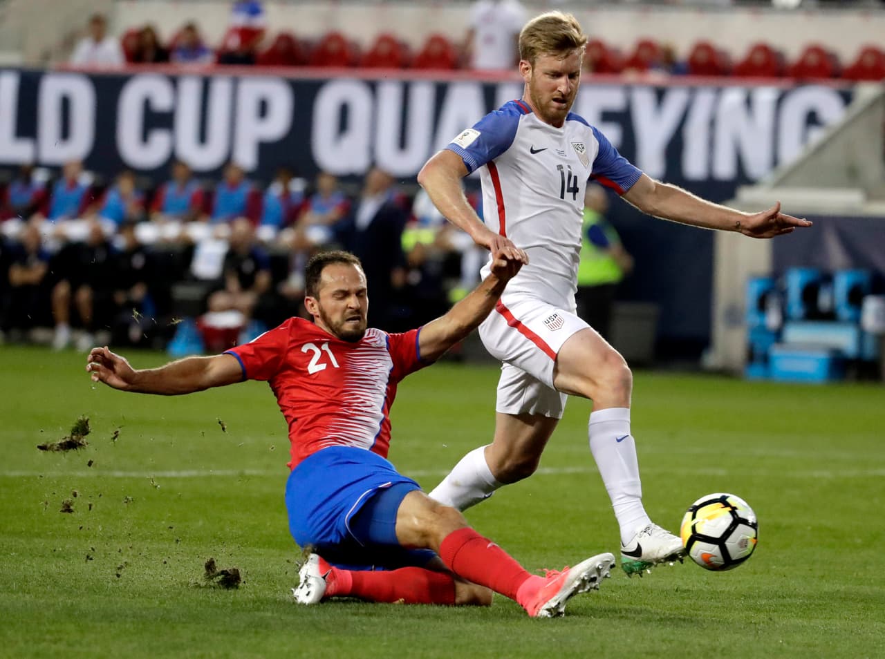 Costa Rica forward Marco Urena, left, scores as United States' Tim Ream defends during the first half of a World Cup qualifying soccer match, Friday, Sept. 1, 2017, in Harrison, N.J. (AP Photo/Julio Cortez)