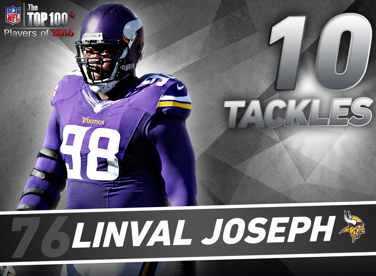 76. Linval Joseph - DT, Minnesota Vikings.- En la semana 9 de la temporada pasada, Joseph se convirtió en solo el cuarto tackle defensivo de los Vikings en ser nombrado Jugador Defensivo del Año en la historia de la franquicia. Los otros en lograrlo son el miembro del Salón de la Fama John Randle y los miembros del equipo All-Pro, Keith Millard y Kevin Williams. En ese juego sumó 10 tackleadas, un máximo personal.