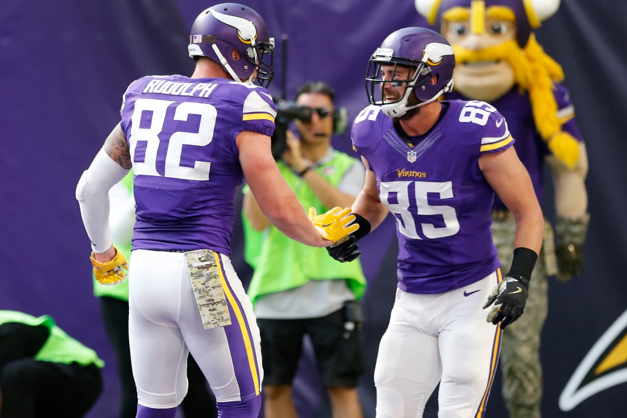 Minnesota Vikings tight end Kyle Rudolph (82) celebrates with teammate Rhett Ellison (85) after catching a 1-yard touchdown pass during the second half of an NFL football game against the Detroit Lions Sunday, Nov. 6, 2016, in Minneapolis. (AP Photo/Jim Mone)
