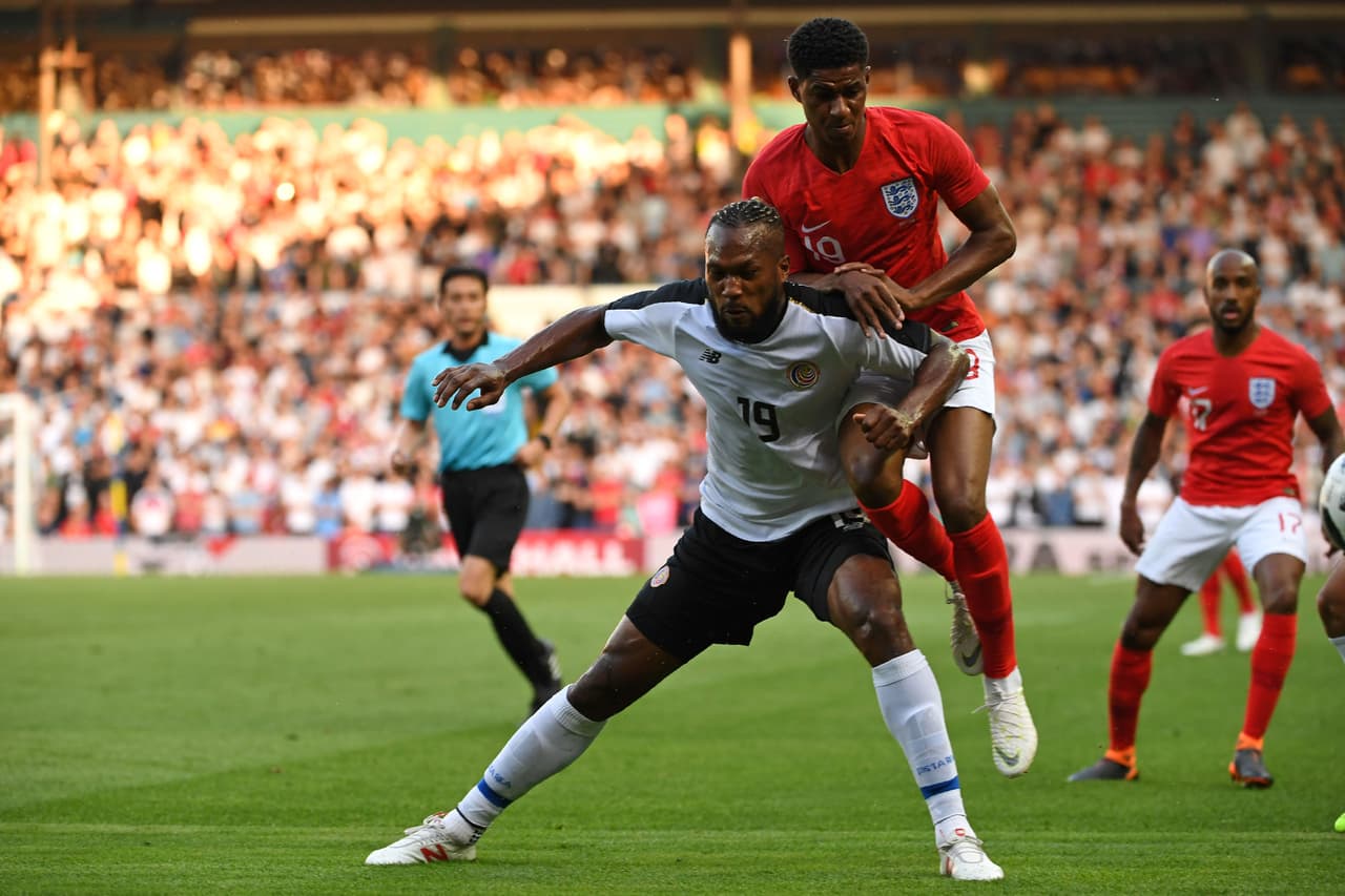 England's striker Marcus Rashford vies with Costa Rica's defender Kendall Waston (L) during the International friendly football match between England and Costa Rica at Elland Road, Leeds in northern England on June 7, 2018. - England won the game 2-0. (Photo by Paul ELLIS / AFP) (Photo credit should read PAUL ELLIS/AFP/Getty Images)