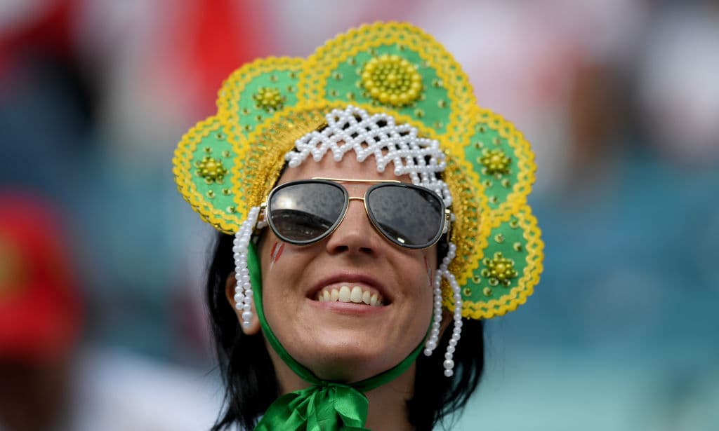SOCHI, RUSSIA - JUNE 26: A Peru fan enjoys the pre match atmosphere prior to the 2018 FIFA World Cup Russia group C match between Australia and Peru at Fisht Stadium on June 26, 2018 in Sochi, Russia. (Photo by Stu Forster/Getty Images)