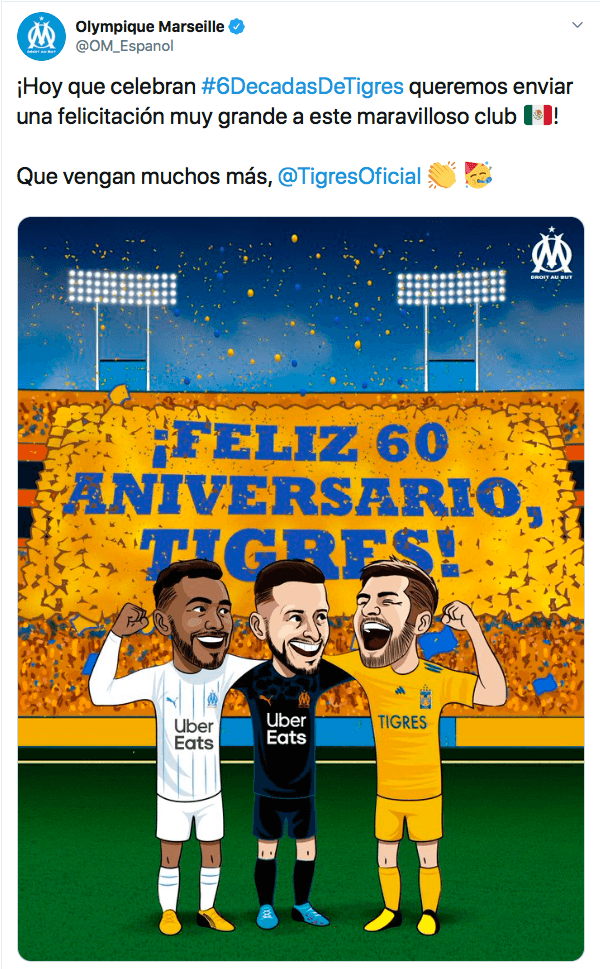 Equipos como Arsenal, Olympique y sus adversarios del futbol mexicano conmemoran y felicitan a los Tigres tras su fundación en 1960.