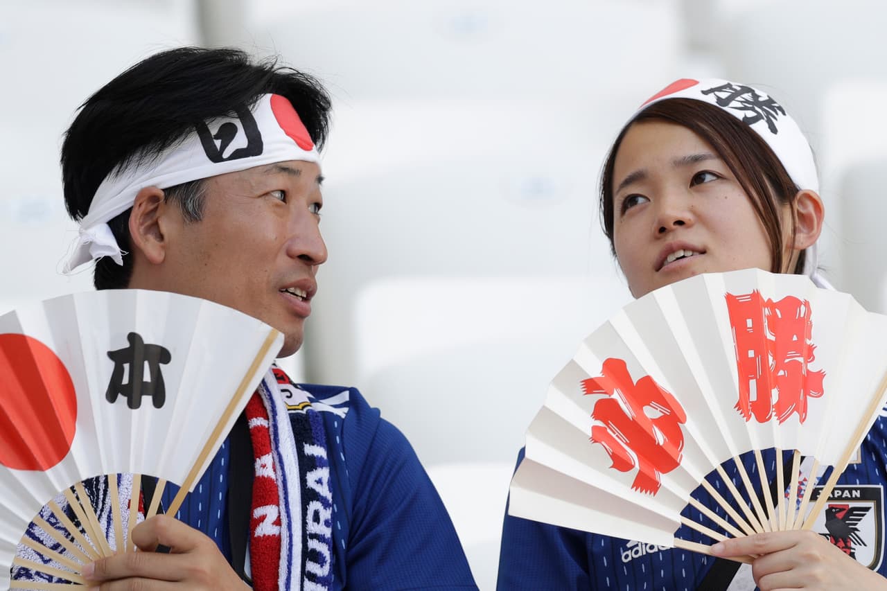 Japanese fans wait of the start of the group H match between Japan and Poland at the 2018 soccer World Cup at the Volgograd Arena in Volgograd, Russia, Thursday, June 28, 2018. (AP Photo/Andrew Medichini)