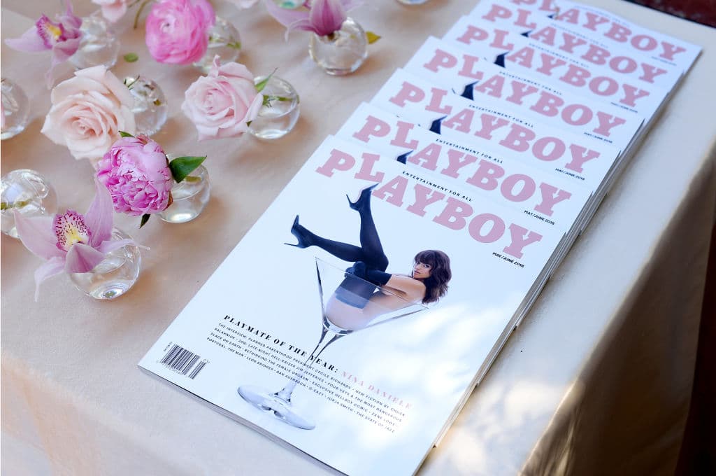 LOS ANGELES, CA - MAY 04: View of 2018 Playmate of the Year Nina Daniele's cover at the Playboy's 2018 Playmate of the Year Celebration at Beauty & Essex on May 4, 2018 in Los Angeles, California. (Photo by Charley Gallay/Getty Images for Playboy)