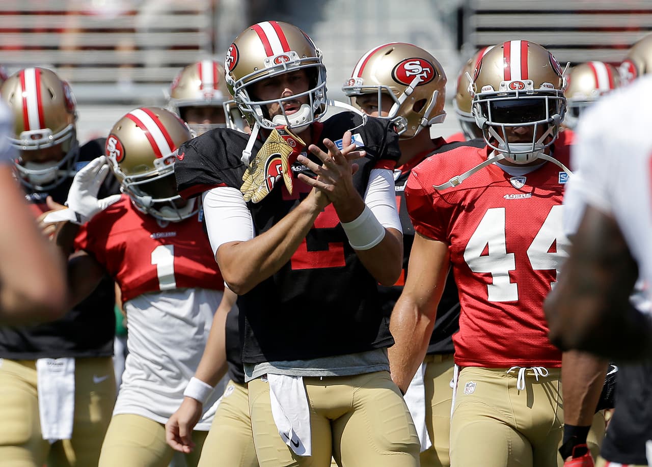San Francisco 49ers' Brian Hoyer during an NFL football training camp in Santa Clara, Calif., Saturday, Aug. 5, 2017. (AP Photo/Jeff Chiu)