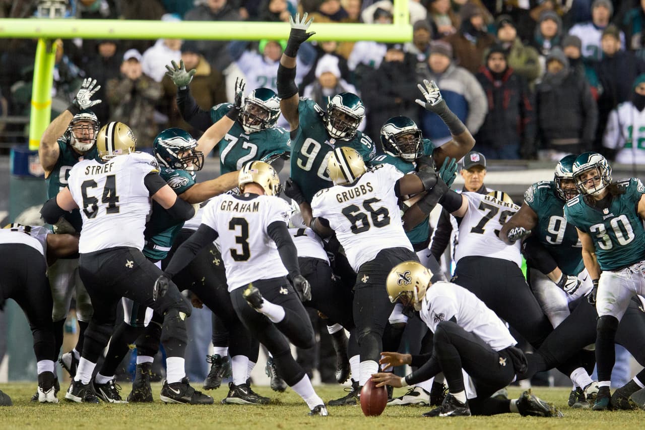 14.- New Orleans Saints - 4 de enero del 2014 (26-24 en Philadelphia Eagles) (Ronda de Comodines).- El debut de Chip Kelly en postemporada con los Eagles fue amargo ya que con cuatro goles de campo del recientemente firmado Shayne Graham, incluyendo uno agónica de 32 yardas para el triunfo, los Saints terminaron con la mágica campaña del pasador Nick Foles.