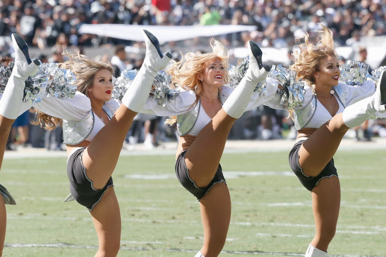 Oakland Raiders cheerleaders during an NFL football game between the San Diego Chargers and the Oakland Raiders Sunday October 9, 2016 at Oakland County Coliseum, Oakland Ca. The Oakland Raiders defeated the San Diego Chargers 34-31. (Bill Nichols Images via AP)