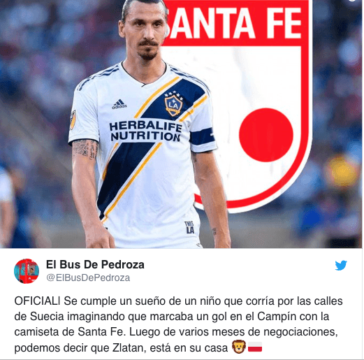 En redes sociales surgió el rumor de la llegada del sueco Zlatan Ibrahimovic del LA Galaxy de la MLS a Independiente Santa Fe en el fútbol colombiano, lo que generó hilarantes reacciones entre los usuarios.