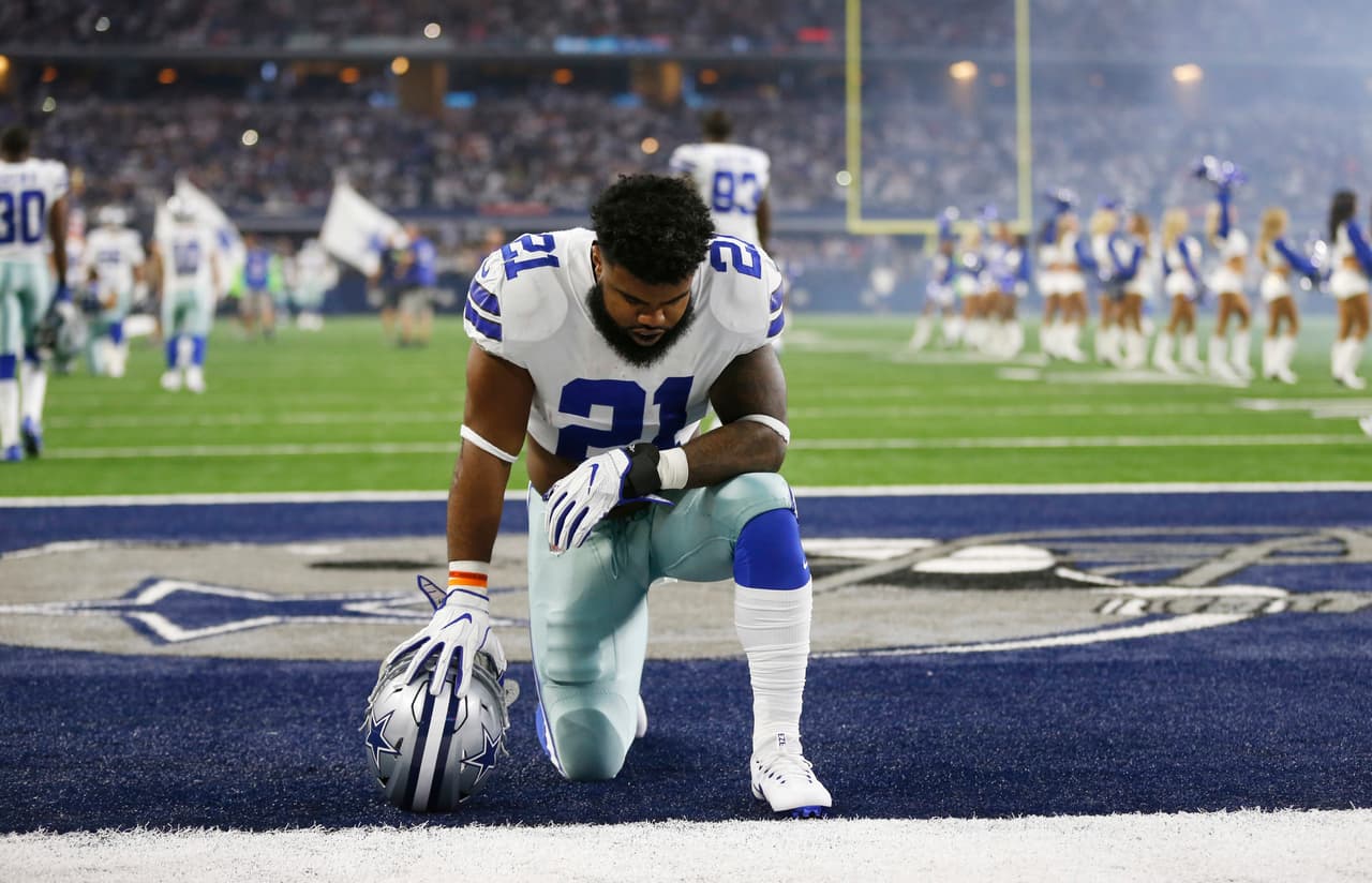 Dallas Cowboys running back Ezekiel Elliott prior to an NFL football game against the New York Giants, Sunday, Sept. 10, 2017, in Arlington, Texas. (AP Photo/Ron Jenkins)