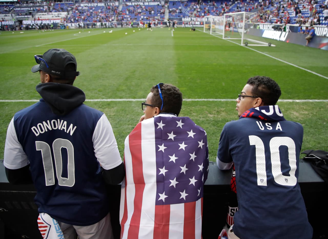 U.S. fans stand near the field before a World Cup qualifying soccer match between the United States and Costa Rica, Friday, Sept. 1, 2017, in Harrison, N.J. (AP Photo/Julio Cortez)