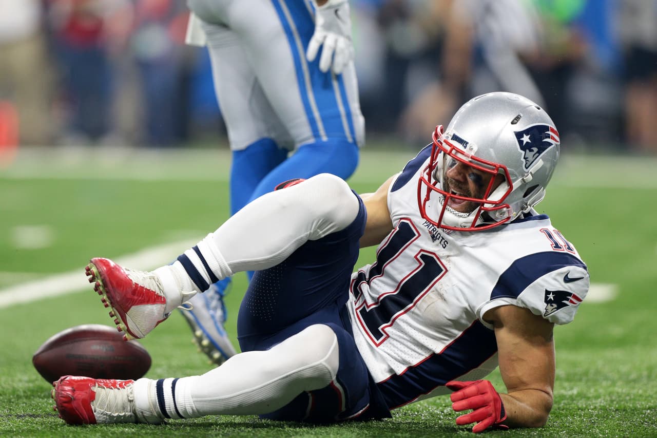 New England Patriots wide receiver Julian Edelman (11) suffered an injury during the first half of an NFL football game against the Detroit Lions in Detroit, Michigan USA, on Friday, August 25, 2017. (Photo by Jorge Lemus/NurPhoto/Sipa USA)(Sipa via AP Images)
