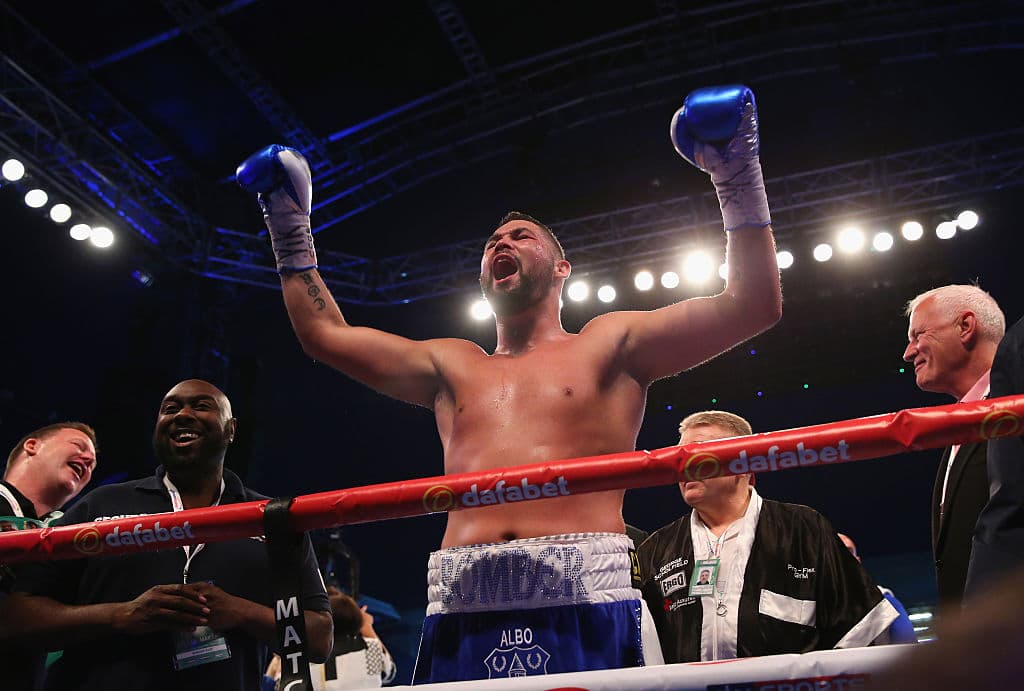 LIVERPOOL, ENGLAND - MAY 29: Tony Bellew celebrates after stopping Illunga Makabu in the second round to win the Vacant WBC World Cruiserweight Championship fight between Tony Bellew and Illunga Makabu at Goodison Park on May 29, 2016 in Liverpool, England. (Photo by Alex Livesey/Getty Images)
