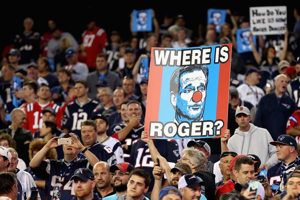 FOXBORO, MA - SEPTEMBER 07: A fan holds a sign depicting NFL Commissioner Roger Goodell wearing a clown nose prior to the game between the Kansas City Chiefs and the New England Patriots at Gillette Stadium on September 7, 2017 in Foxboro, Massachusetts. (Photo by Maddie Meyer/Getty Images)
