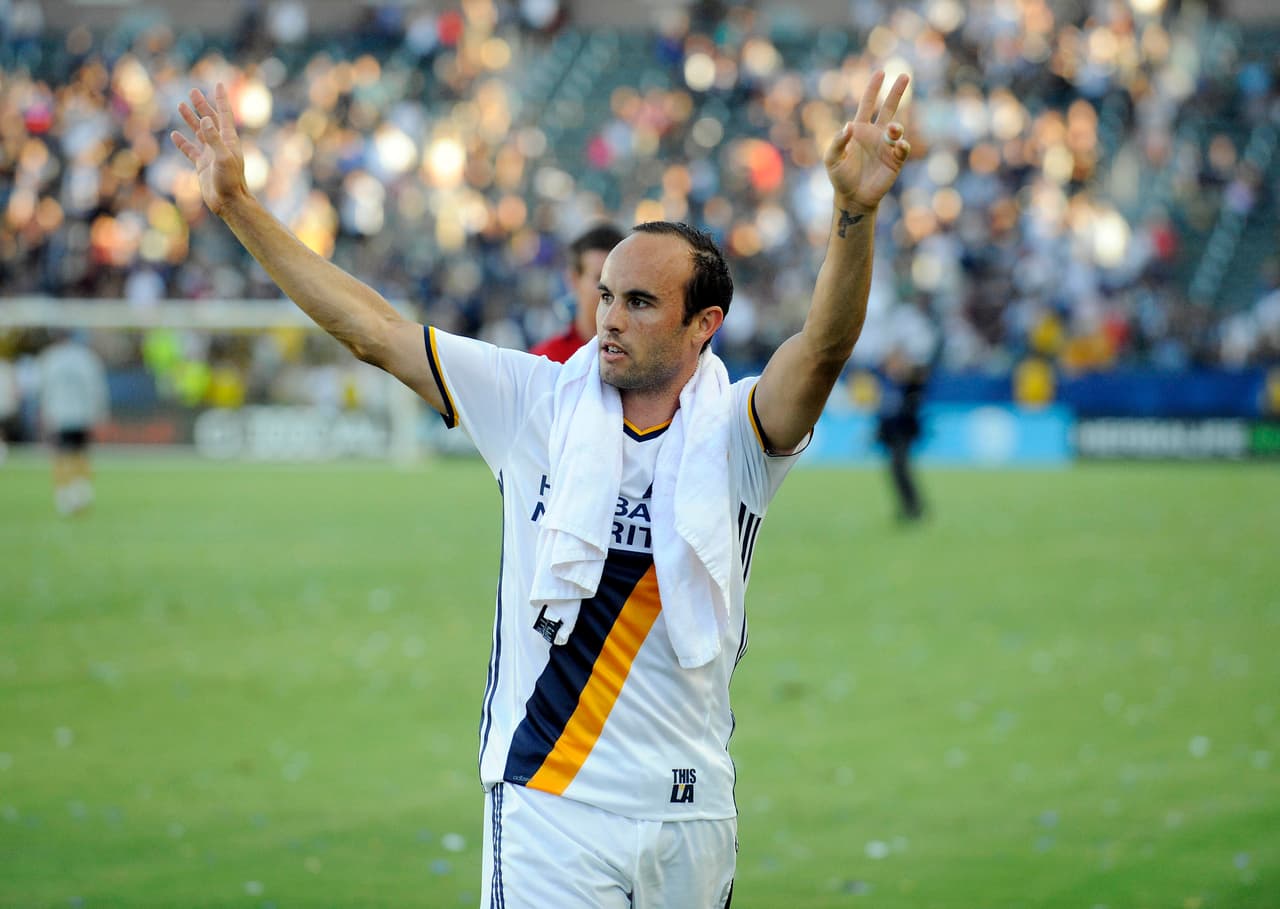September 11, 2016; Carson, CA, USA; Los Angeles Galaxy midfielder Landon Donovan (26) acknowledges fans following the 4-2 victory against Orlando City FC at StubHub Center. Mandatory Credit: Gary A. Vasquez-USA TODAY Sports