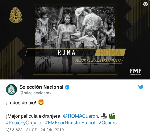 Clubes de la Liga MX, la Selección Mexicana, la Liga Mexicana de Béisbol y hasta el club Roma de Italia enviaron sus felicitaciones al filme Roma y a Alfonso Cuarón por su éxito en los Premios Oscar en 2019.
