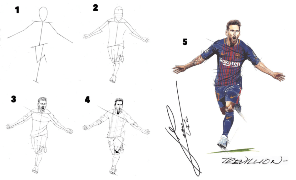 Te puedes apoyar en esta imagen de los cinco pasos para dibujar a Messi.