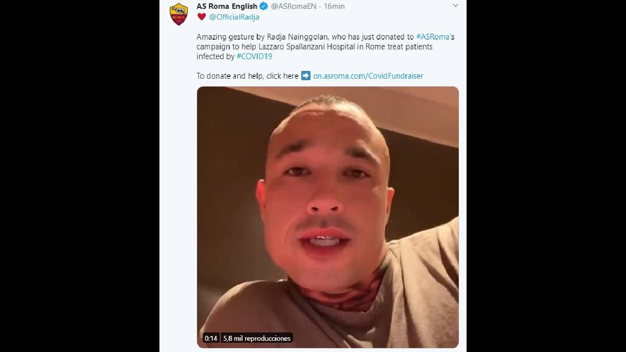 El futbolista belga, Radja Nainggolan apoya y convoca para que más personas cooperen con los hospitales italianos.