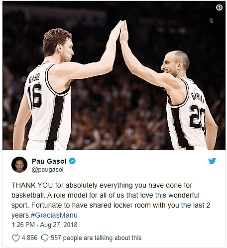 Otro de los grandes extranjeros en la historia de la NBA y compañero los últimos años de Manu, el español Pau Gasol, le agradece lo que hizo por el basquetbol y por la suerte de compartir vestidores.
