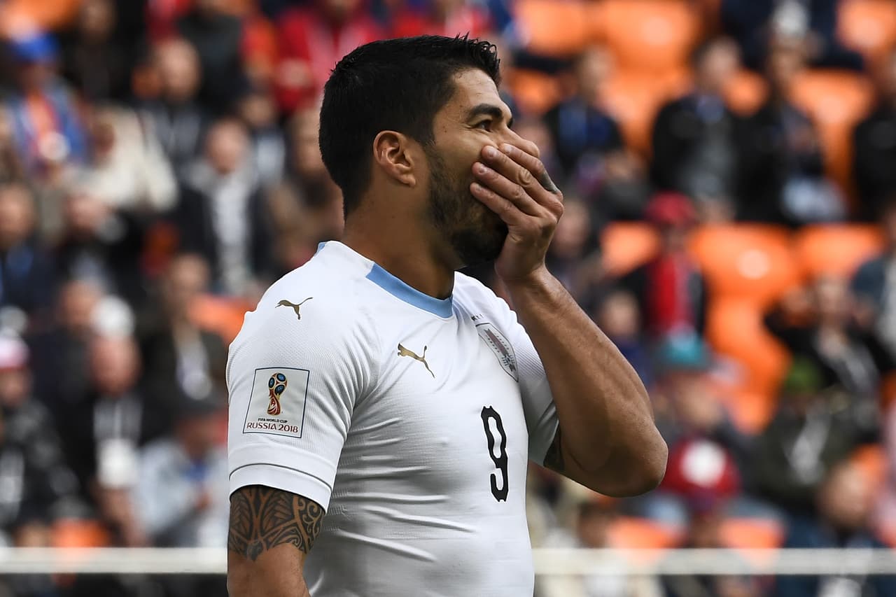 Uruguay's forward Luis Suarez reacts after missing a chance during the Russia 2018 World Cup Group A football match between Egypt and Uruguay at the Ekaterinburg Arena in Ekaterinburg on June 15, 2018. (Photo by Anne-Christine POUJOULAT / AFP) / RESTRICTED TO EDITORIAL USE - NO MOBILE PUSH ALERTS/DOWNLOADS (Photo credit should read ANNE-CHRISTINE POUJOULAT/AFP/Getty Images)