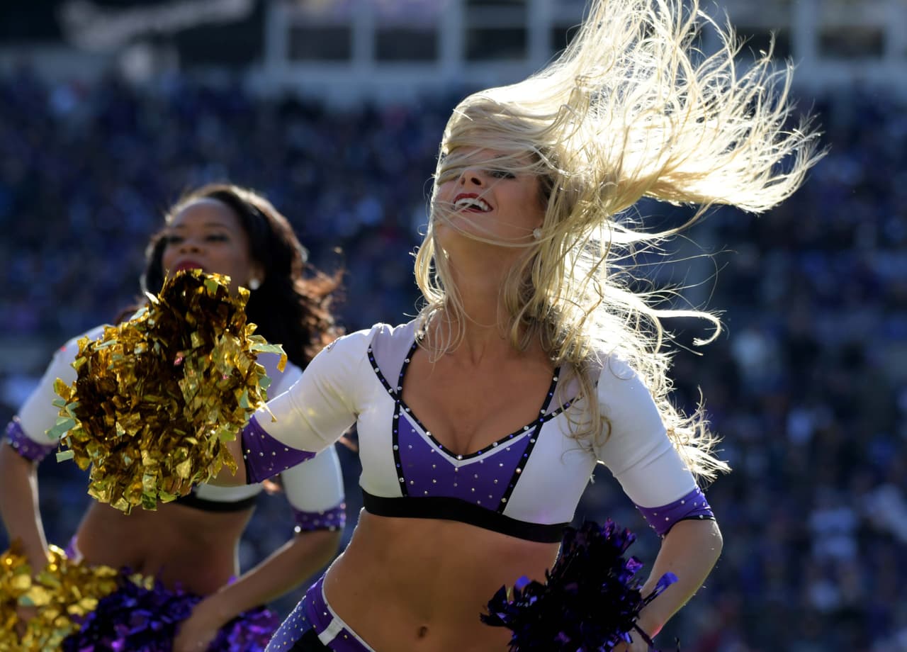 Jan 6, 2019; Baltimore, MD, USA; Baltimore Ravens cheerleader performs against the Los Angeles Chargers during an AFC Wild Card playoff football game at M&T Bank Stadium. Mandatory Credit: Kirby Lee-USA TODAY Sports
