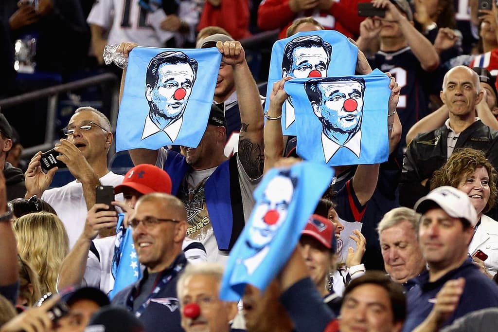 FOXBORO, MA - SEPTEMBER 07: Fans hold towels depicting NFL Commissioner Roger Goodell wearing a clown nose prior to the game between the Kansas City Chiefs and the New England Patriots at Gillette Stadium on September 7, 2017 in Foxboro, Massachusetts. (Photo by Maddie Meyer/Getty Images)