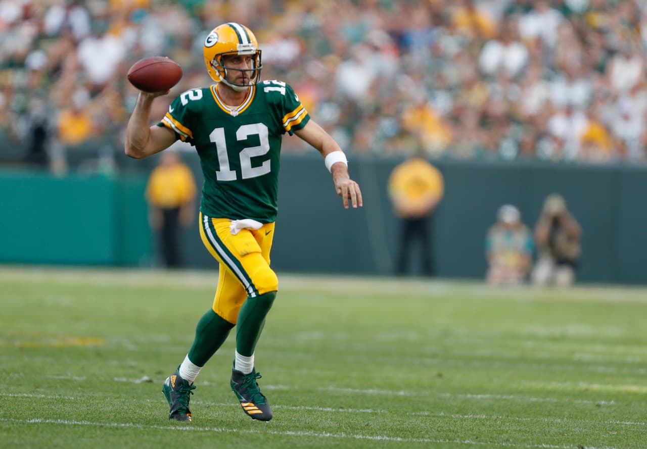 Green Bay Packers' Aaron Rodgers throws during the second half of an NFL football game against the Cincinnati Bengals Sunday, Sept. 24, 2017, in Green Bay, Wis. (AP Photo/Matt Ludtke)